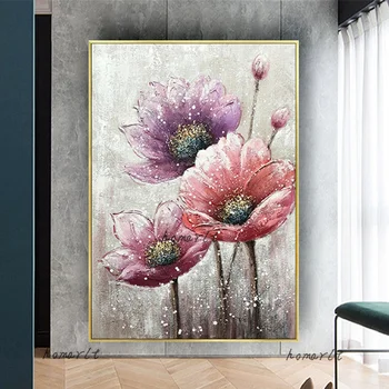 100% Ručne Vyrobené Moderné Abstraktné Kvetinový Olejomaľba Nôž Kreslenie Kvety Obraz Domova Wall Art Lotus Ružová Plátno Plagát