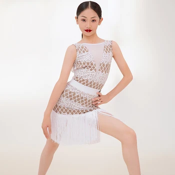 2023 Nové latinské Tanečné Súťaže Šaty Pre Dievčatá Biele Topy bez Rukávov Lemovaný Sukne Vyhovovali Deti latinské Tanečné Oblečenie DQS13687
