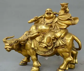 21 CM Čínsky fengshui staré Bronz Maitreya Budha Sedí krava gold ingot bohatstvo socha