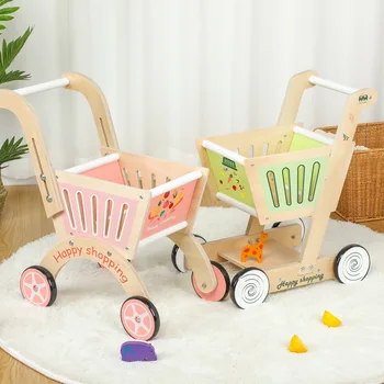 Detské Batoľa Nákupný Košík 3 Baby Hrať Dom Hračky pre Chlapcov a Dievčatá Drevených 4-kolesové Úložný Košík