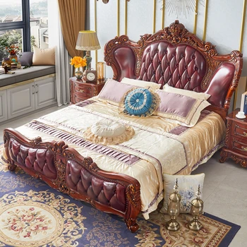 Európskom štýle pevné lôžko kožené manželská posteľ Americký antickej farby, vyrezávané môžete ukladať prvá vrstva z cowhide posteľ 1,8 m.