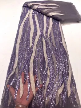 Fialová Korálkové Afriky Čipky Textílie s Flitrami 2023 Vysoko Kvalitné Ručné francúzsky Ťažké Korálky Tylu Čistej Tkaniny pre Svadobné Svadobné