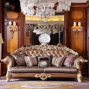 Huangjia Haoting Európskom štýle, kožená sedačka kombinácia obývacej izby, dekorácie, vrchná vrstva cowhide veľký celok luxusne na mieru