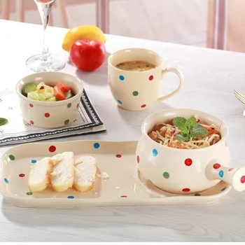 Kreatívne jednoduché polka dot keramické ryža misy Japonské raňajky misa s rukoväťou polka dot riad sada 4 kusov