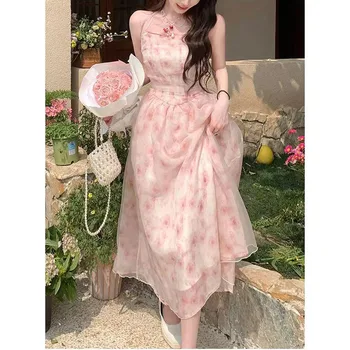 Kórejská verzia slim montáž pink rose šifón visí golier šaty pre ženy 2023 letné nový štýl univerzálne a sladké sukne