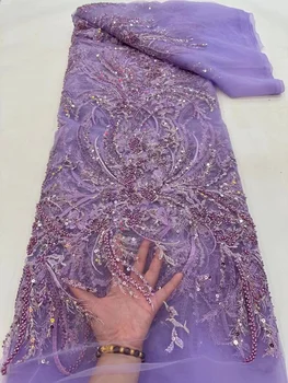 Luxusné fialová Nigérijský Korálky Čipky Textílie francúzsky Oka Tylu Flitrami Vyšívanie Korálkami Afriky Čipky Šijací Materiál Pre Šaty