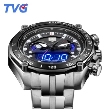 Luxusné Značky pánske Hodinky TVG Plnej Ocele Dual Display Led Digitálne Analógové náramkové hodinky Quartz Mužov Športové Hodinky Mannen Horloge