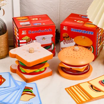 Montessori Drevené Burger Stohovanie Hračky pre Batoľatá a Deti Predškolského Vzdelávacie Hračky Jemnej motoriky Zručnosti Hračky pre deti baby