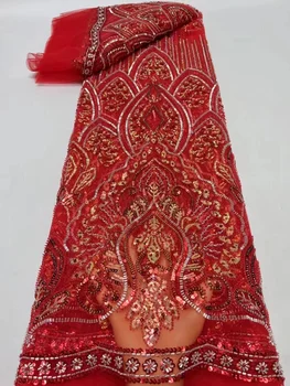 Nigérijský Sequin Tkaniny Korálkové Čipky Textílie červeno Vyšívaný Tyl Textílie Afriky Čipky Textílie pre Svadobné Party Šaty 5 Metrov