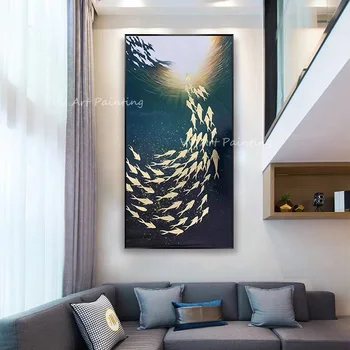 Ocean Modrá Ryba Zlatej Fólie Nordic Ručné Olej Obraz Z Fotografie Na Stenu Umenia Pre Obývacia Izba Dekor Unframe Darček