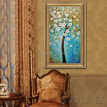 Olejomaľba Na Plátne, obrazov na Stenu Obrazy Pre Vstup Cestu Plátno na Stenu Umenie Paletu Nôž Ručne Maľované Modrý Biely Kvet, Strom