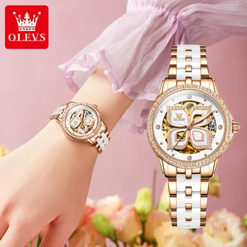 OLEVS 6612 Keramické Popruh Automatické Mechanické dizajn Skeletu Dámske Náramkové hodinky Vodotesné Elegantné Diamant Hodinky pre Ženy