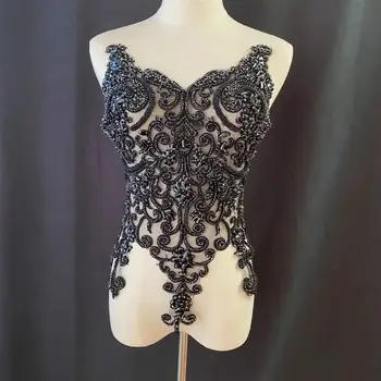 Veľké Čierne Ťažké francúzsky Korálky Diamond Drahokamu Nášivka Bodice Patch pre Strany DIY Šitie,plesové Šaty,Couture Šaty