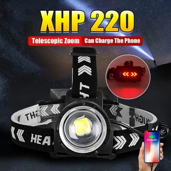 XHP220 LED Vonkajšie Svetlomet Nabíjateľná Výkonný Vedúci Baterka Dlhý Záber Kempovanie, Rybárske Svetlomet Zoomovateľnom Hlave Svietidla, Svietidlo