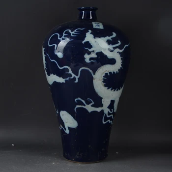 Čínsky Yuan Glazúra Modrá Porcelán Ručná Biely Drak Vzor Váza 12.6 palec
