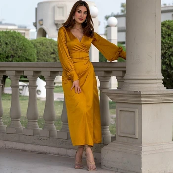 Žltá Satin Morská víla Šaty Ples pre Ženy 2023 Elegantné Čaj-Dĺžka Plášť Formálne Šaty pre Musilm s Rukávmi vestidos