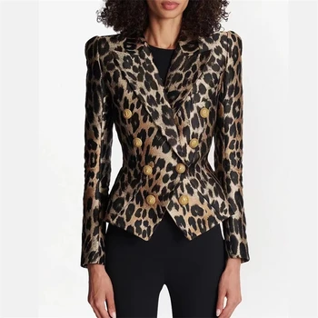 2023FW nové módne dámy high street klope dvojité breasted leopard tlač sako y2k vysokej kvality retro bežné slim bunda, kabát