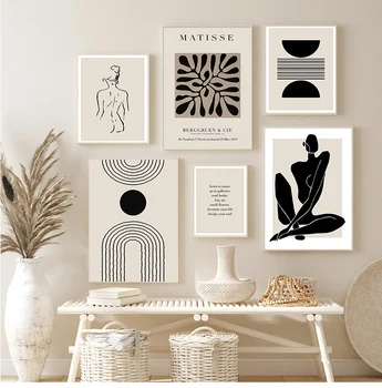 Abstrakt Matisse Telo Line Art Leaf Boho Plagáty Čierna Béžová Plátne, Obrazy Na Stenu Vytlačiť Obrázok, Obývacia Izba Interiér Domova