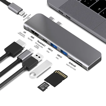 Adaptér HDMI 4K USB 3.1 Typ-C Hub Na Thunderbolt 3 USB C Hub s Nábojom 3.0 TF SD Slotu Čítačky pamäťových kariet