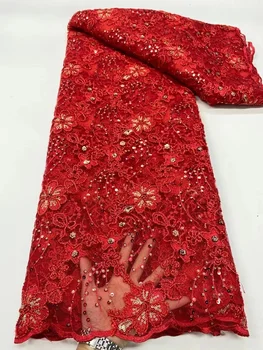 Africké Vysoko Kvalitné Textílie, Čipky 2023 červená francúzsky Čistý Flitrami Textílie Šitie Vyšívané Čipky v Tyl Nigéria Textílie 5 Metrov