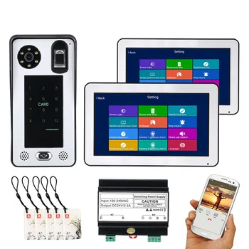 Bezdrôtový Wifi 2 Monitory 10 Palcový BUS 2 Drôt Odtlačkov prstov RFID Video Dvere, Telefón, Intercom systémy na Podporu Remote APP domov Prístup