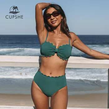 CUPSHE Zelená Bandeau Vrúbkovaným Vysoký Pás Bikini Set Plavky Pre Ženy Sexy Dva Kúsky Plaviek 2022 plavky Plavky