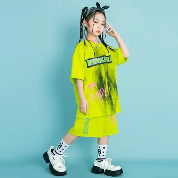 Dieťa Hip Hop Oblečenie Zelená Graphic Tee Nadrozmerné T Shirt Bežné Ulici v Lete Šortky pre Dievča, Chlapca, Jazz Tanečných Kostýmov, Šiat Nastaviť
