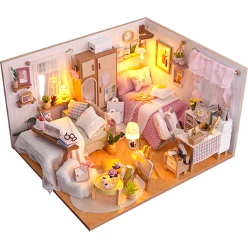 DIY Drevené Princezná Izba Casa Bábika Domy Miniatúrne Stavebné Súpravy s Nábytkom Led domček pre bábiky Hračky pre Dievčatá Narodeninám
