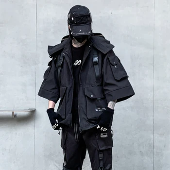 HipHop Funkcia Taktické Vesty Multi Vrecká Polovičný Rukáv Coats Streetwear Muž s Kapucňou Topy Techwear pánske Oblečenie Harajuku