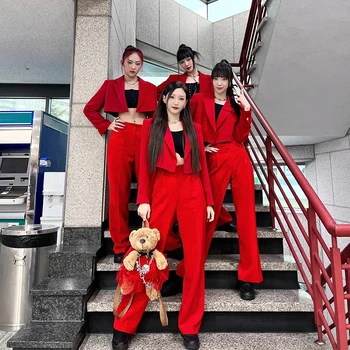 Kpop Dievča Skupiny Žien Sexy Červené Bundy Voľné Nohavice, Oblečenie Kórejský Spevák Fáze Kostým Y2k Koncert Festivalu Oblečenie Jazz Nosenie
