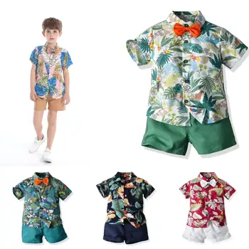 Letné krátke rukáv kvet tričko chlapec šortky bežné dve kus baby, Havajské deti oblečenie motýlik plážové oblečenie, Športové odevy