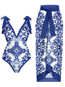 Nové Modré Bikini Vytlačené Módne jednodielnych Plaviek A zakryť S Sukne Tesný Žien Obväz Letné Beach Luxusný Elegantný