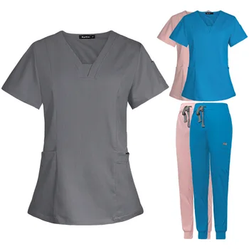 Nové Módne Drhnúť Vyhovuje Nemocnice Jednotný Súbor Farbou Unisex Chirurgické Šaty Vrecku tvaru Kroviny Sada pre Ženy Joggers