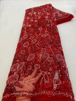 Nový Francúzsky Ženícha Tylu Čipky Textílie 5 Metrov 2023 Vysokej Kvality Nigérijský Svadobné Luxusné Korálky Sequin Výšivky Afriky Čipky Textílie