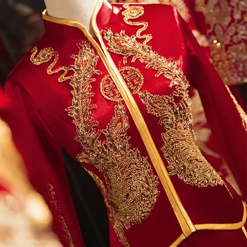 Nádherné Perlové Phoenix Výšivky Čínske Tradičné Svadobné Šaty Nevesty Cheongsam Oblečenie Qipao Šaty