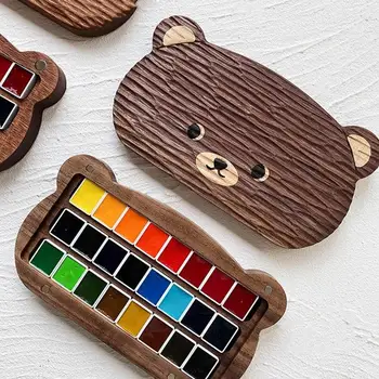 Roztomilý Medveď Orech/Sapeli Drevené Prázdne Akvarelových Farieb Box S Pol Panvice Profesionálne Farby Palety Zásobník Pre Maliarske Umenie