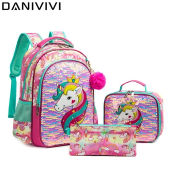 Unicorn Flitrami Školské Tašky pre Deti, Dievčatá Batoh s Lunch Box 3 V 1 Back Pack Veľká Kapacita Školy Knihu Tašky 2023