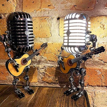 Vintage Mikrofón Robot S Gitarou Kovové Figúrky Interiéru Ploche Nočné Lampy, Usb Nabíjanie Ornament Domov Figúrky, Dekorácie