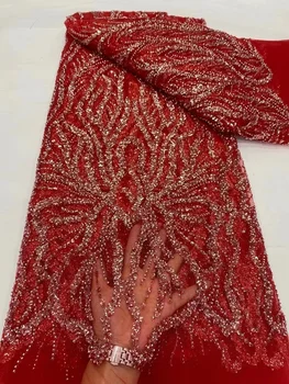 Vysoká Kvalita Afriky Textílie, Čipky Červenej francúzsky Čistý Flitrami Textílie Šitie Vyšívané Korálkami Čipky a Tylu Nigérijský Čipky Textílie 5Yards