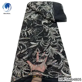 Vysoký Štýl Silver Black Afriky Flitrami Čipky Textílie francúzsky Ručné Perličiek Tylu Textílie pre Ženy Šaty ML75N648