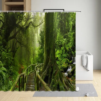 Zelený Les Sprchový Záves Prírodnej Krajiny Kúpeľňa Domy Dekorácie Nepremokavý Polyester Umývateľný Textílie Súpravy S Háčikmi