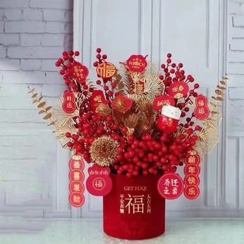 Červená Šťastie Ovocie Simulácia Kvet Handričkou Papier Futong Váza Nastaviť Nový Rok Otváracie Svadobné Darčeky Domov Verandu Kabinetu Dekorácie, Remeselné