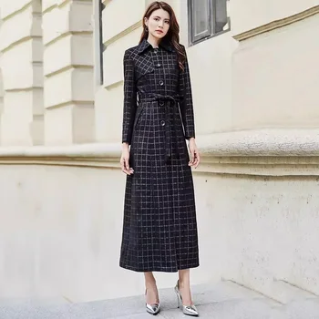 Ženy, Dlhé Čierne Kockované Zákopy Srsti Jar Jeseň Fashion Elegantné Zase dole Golier Singel svojim Pás Tenký Kabát
